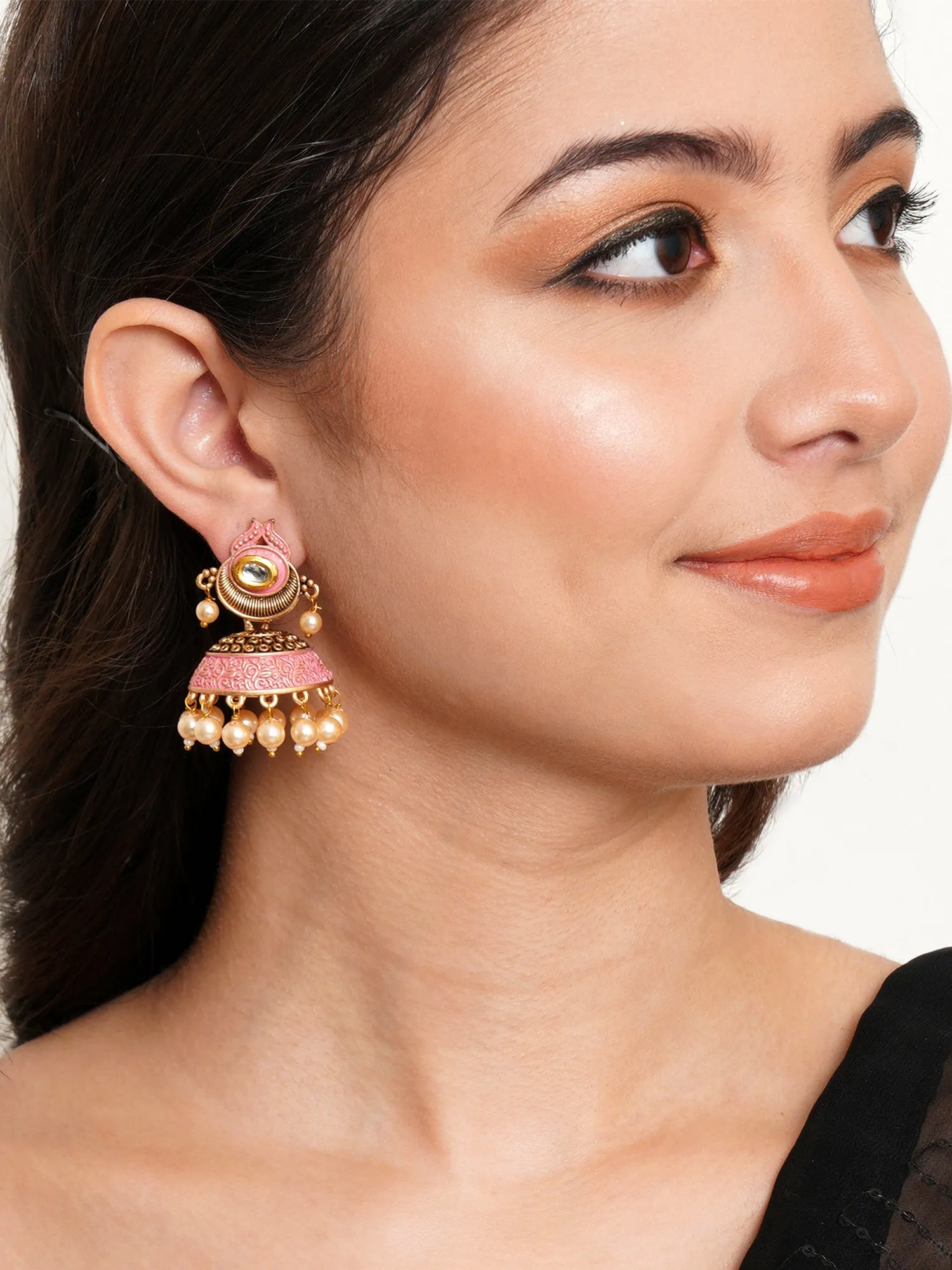 Karatcart Antique Gold Plated Polki Kundan Studded Pink Meena Jhumki Earrings for Women