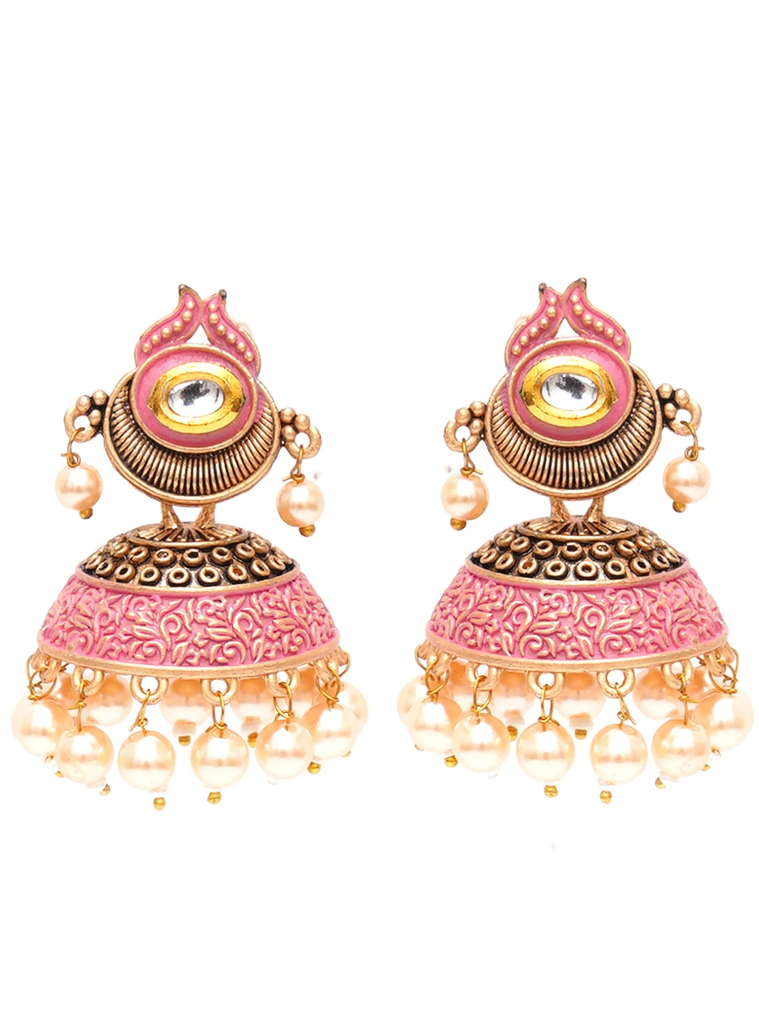 Karatcart Antique Gold Plated Polki Kundan Studded Pink Meena Jhumki Earrings for Women