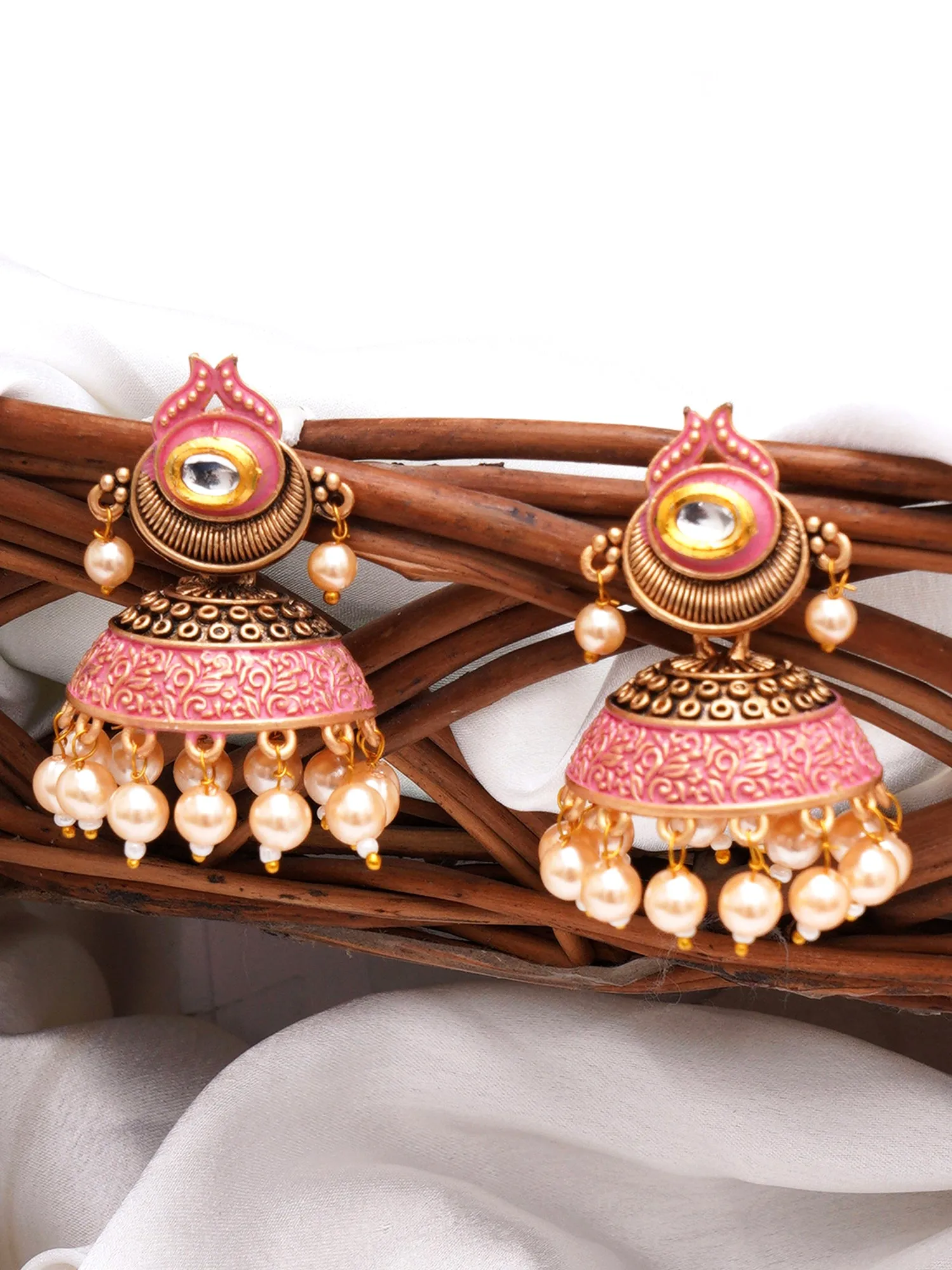 Karatcart Antique Gold Plated Polki Kundan Studded Pink Meena Jhumki Earrings for Women