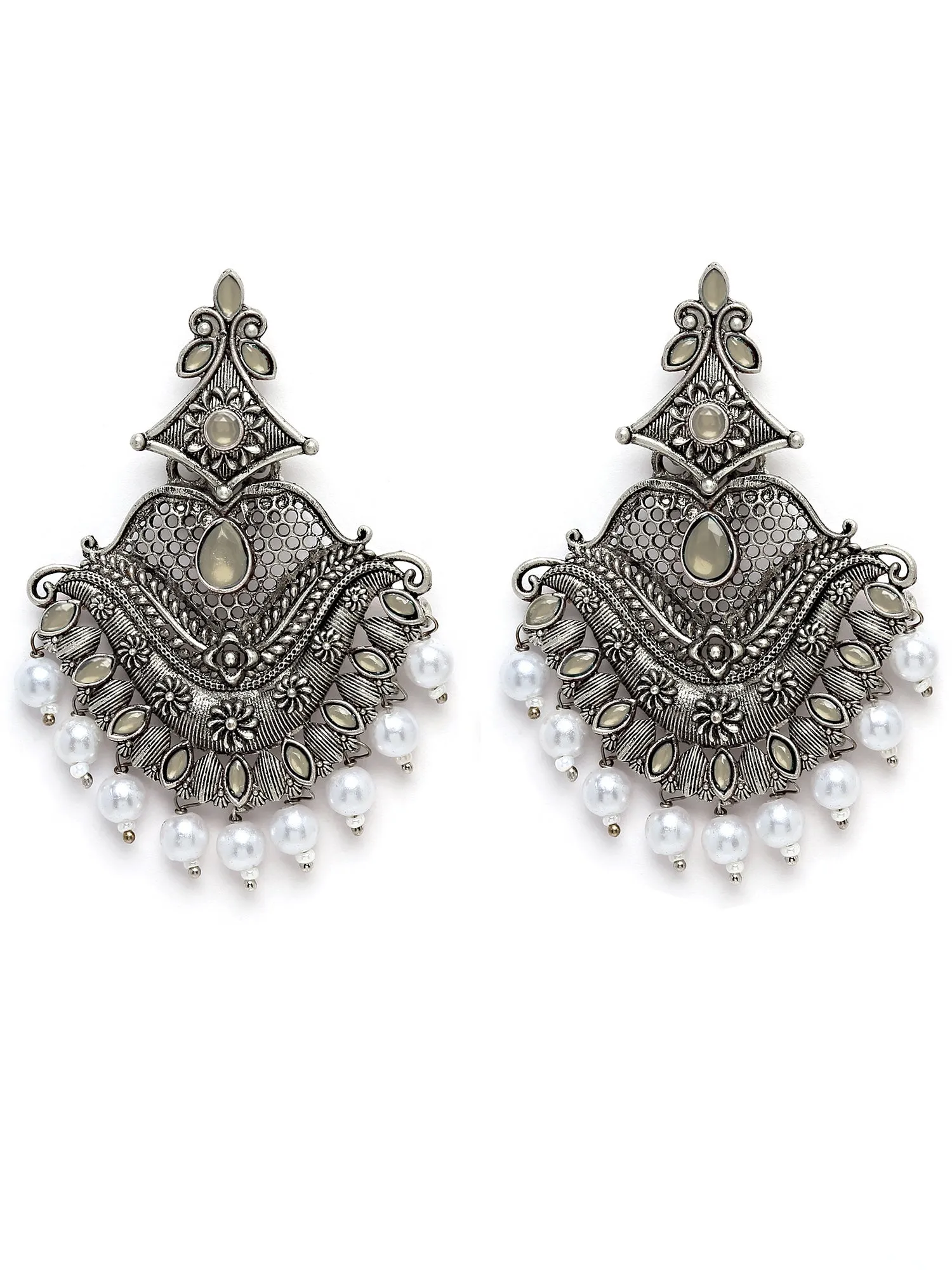 Karatcart Antique Silver Plated Grey Monalisa Stone Studded Dangler Earrings for Women