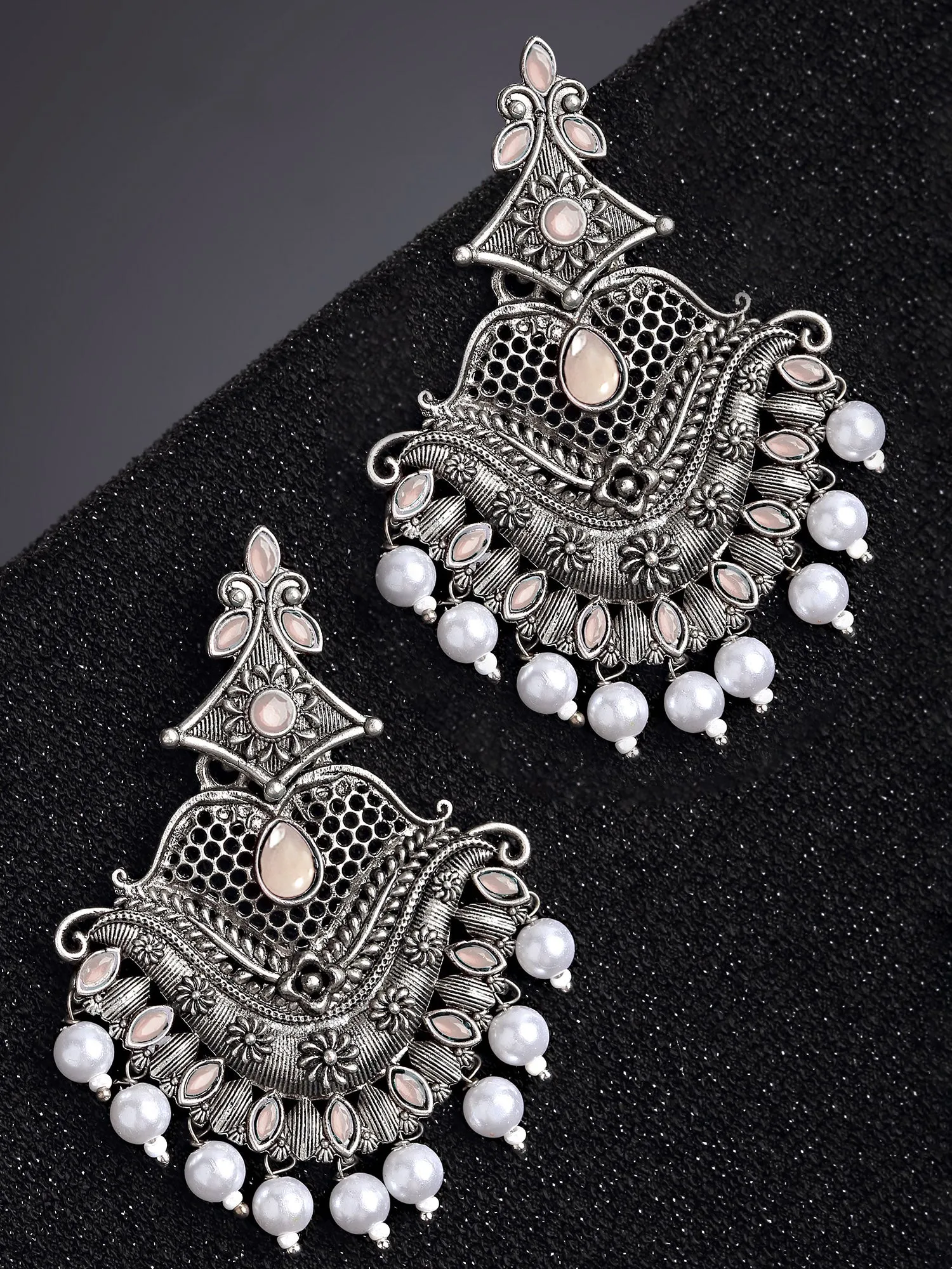 Karatcart Antique Silver Plated Peach Monalisa Stone Studded Dangler Earrings for Women