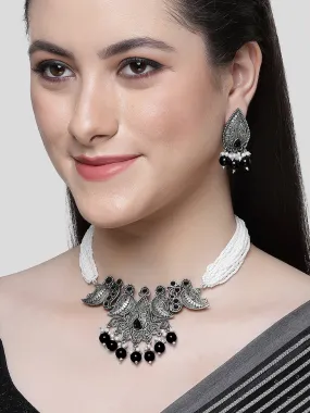 Karatcart Black Beads Oxidised Silver Jaipuri Choker Necklace Set for Women