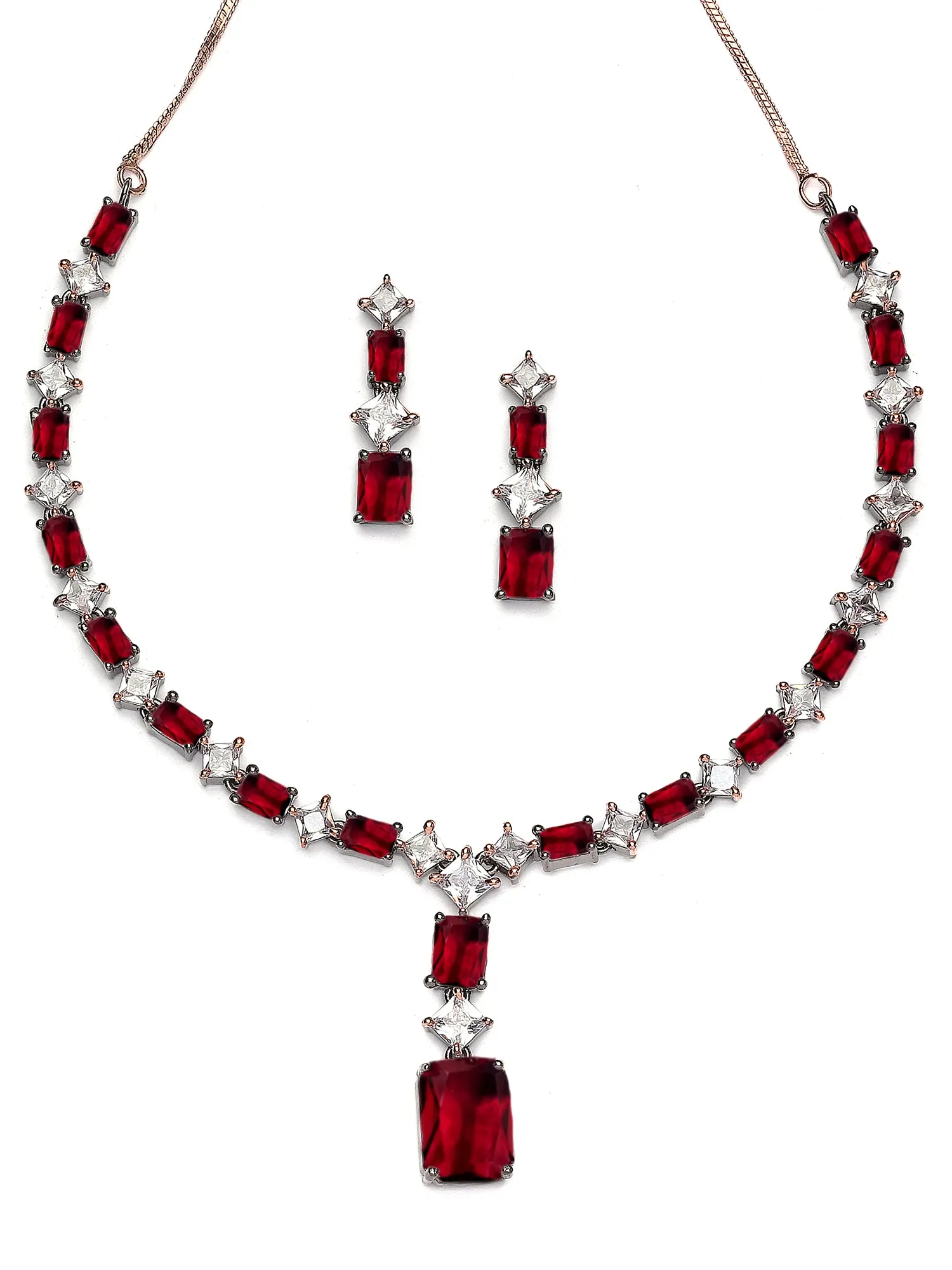 Karatcart Black Silver Plated Square Red Cubic Zirconia Necklace Set for Women