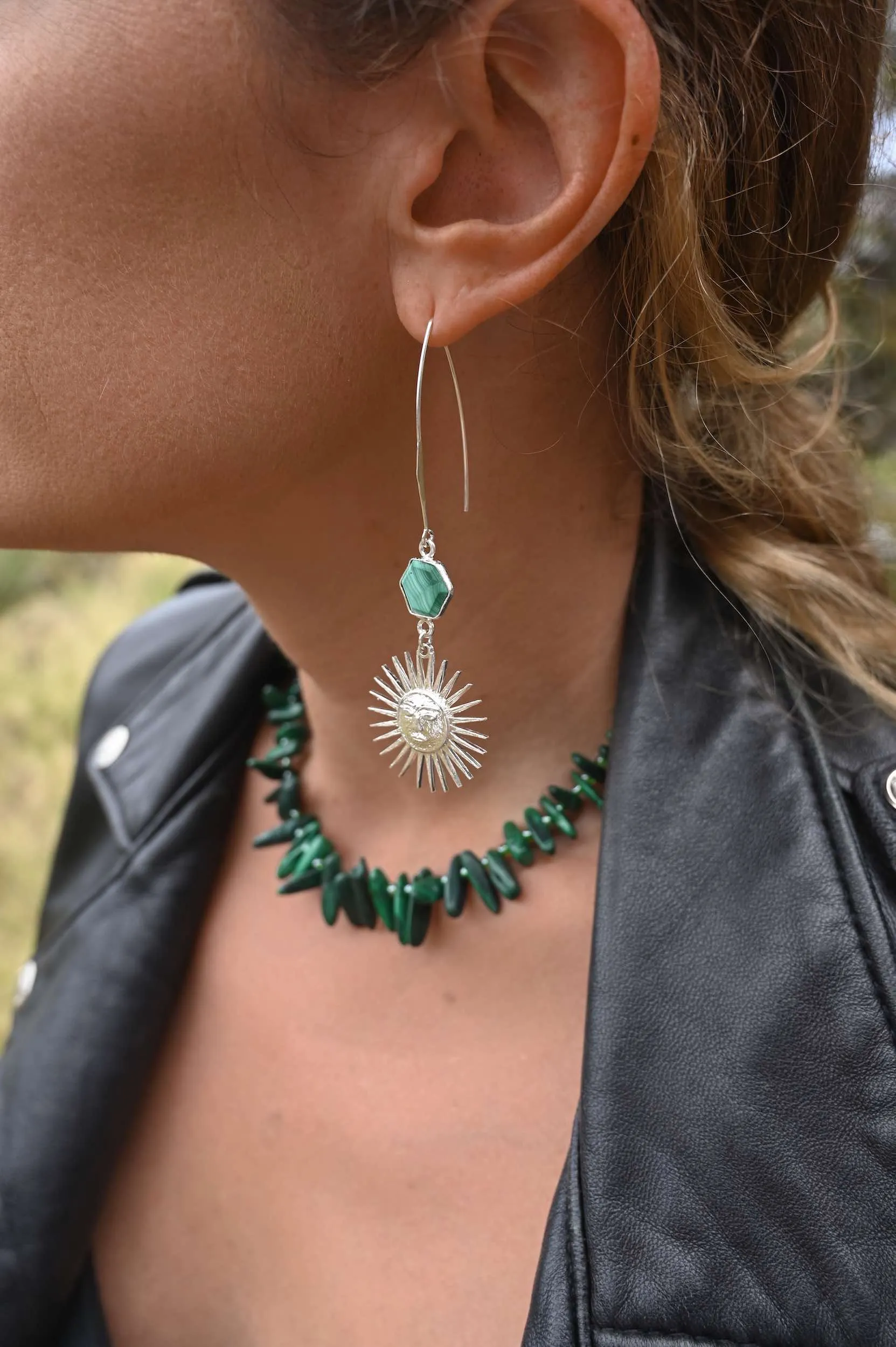 Magnetic Energy Malachite Silver Sun Hoops