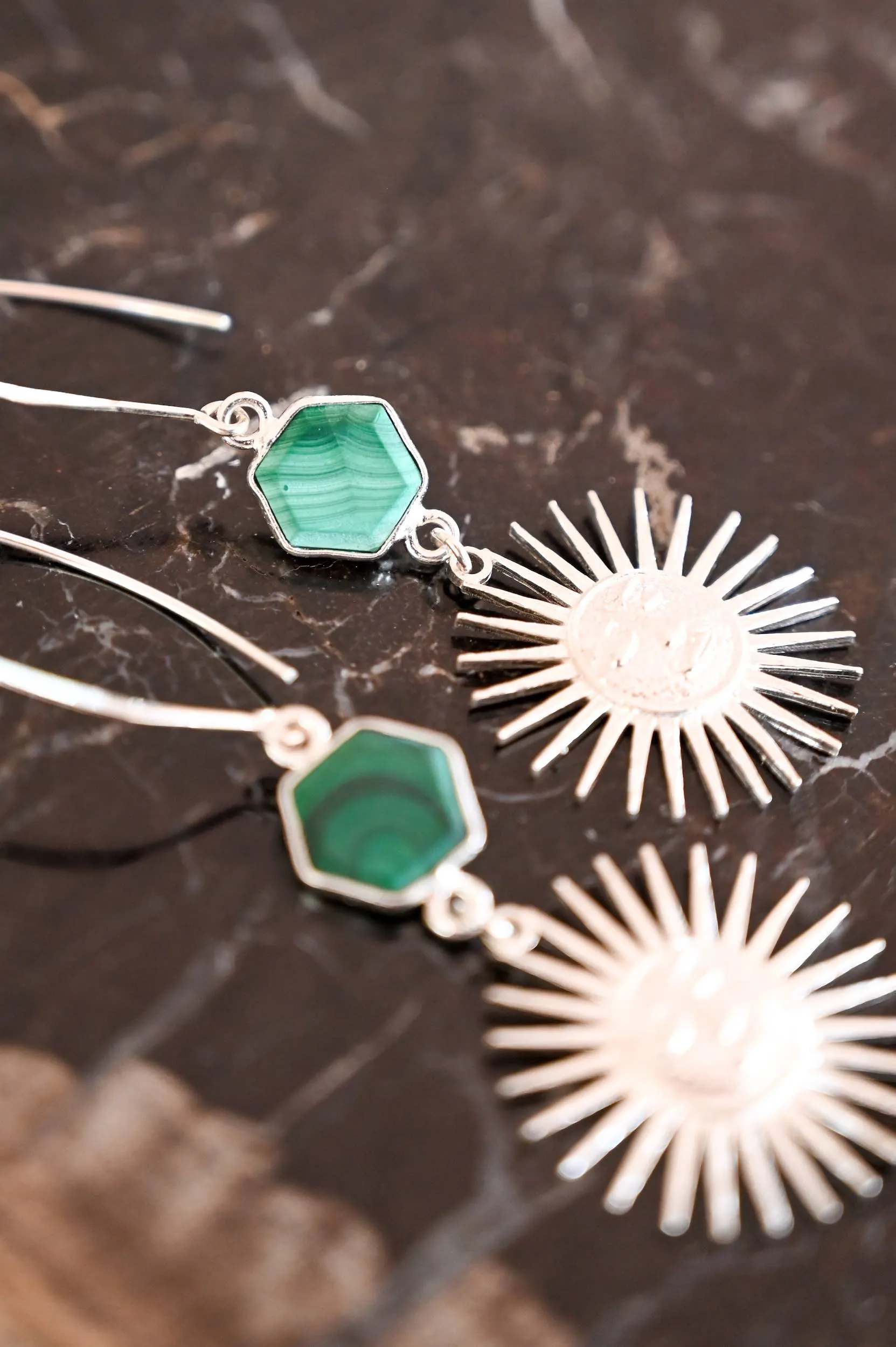 Magnetic Energy Malachite Silver Sun Hoops