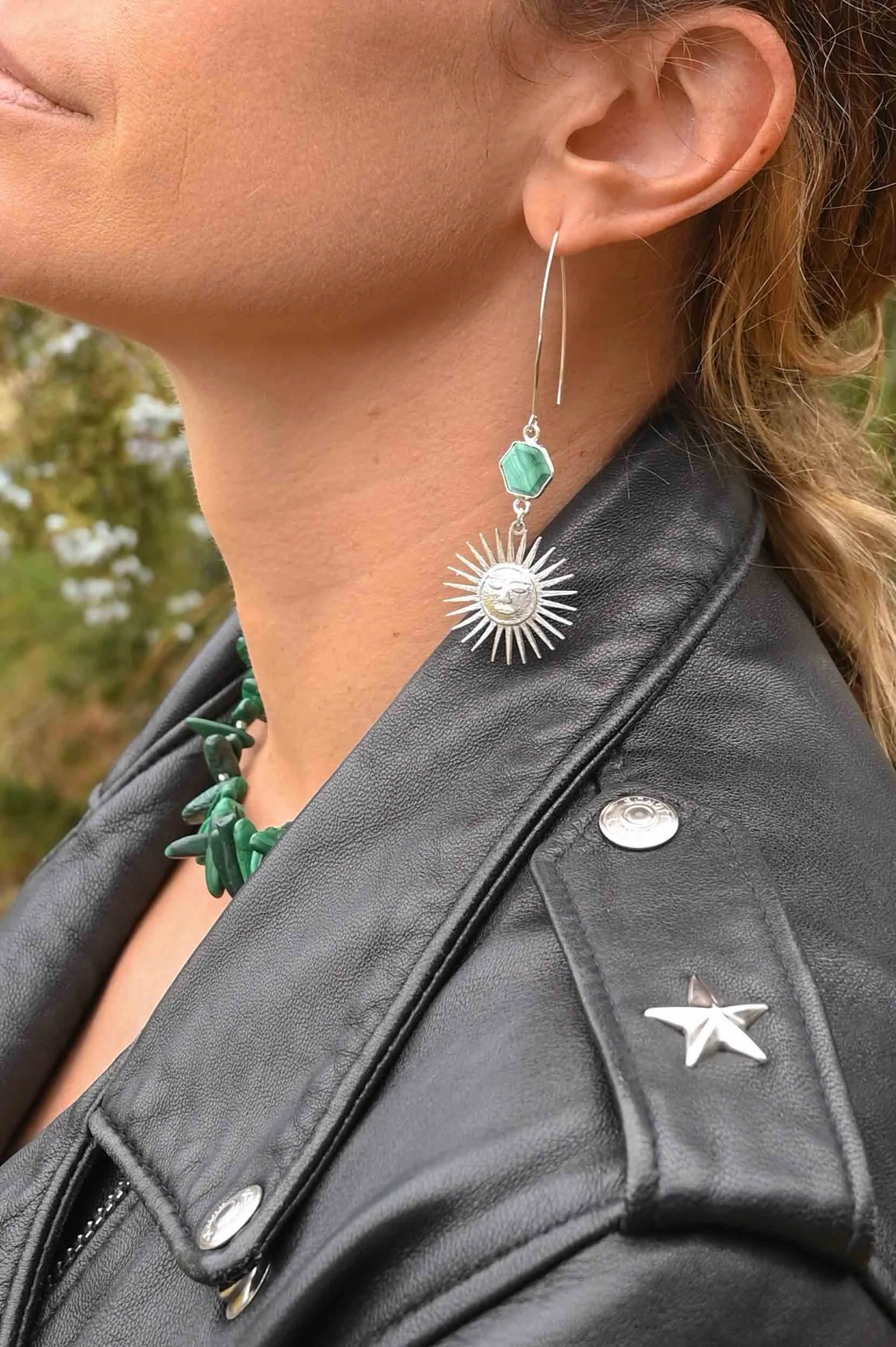 Magnetic Energy Malachite Silver Sun Hoops