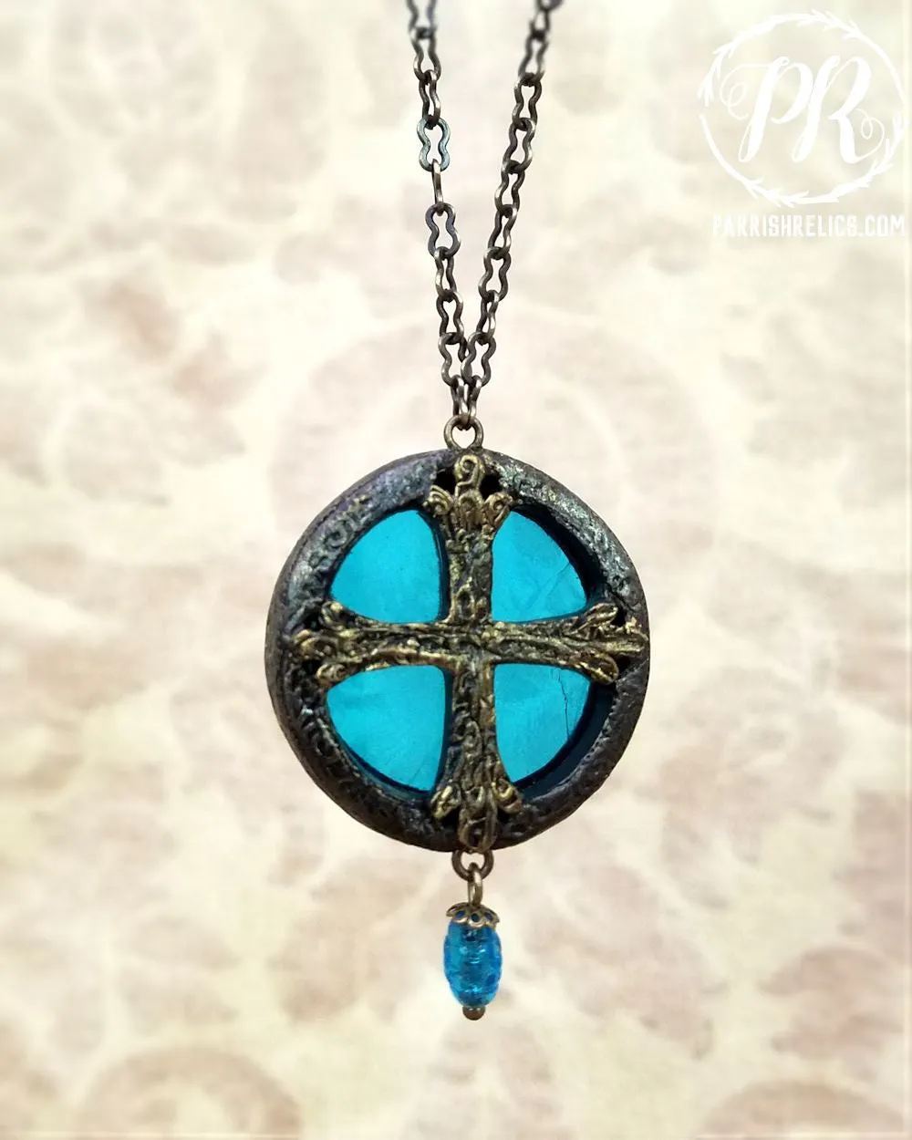 Medieval Crosslet ~ Textured Aqua Stained Glass Amulet