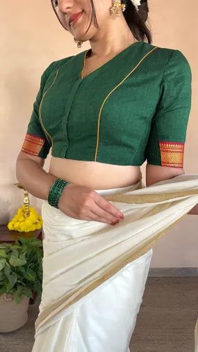 Nandini x Tyohaar | V Neck Closed Back Bottle Green Mangalgiri Cotton Blouse with Zari Border