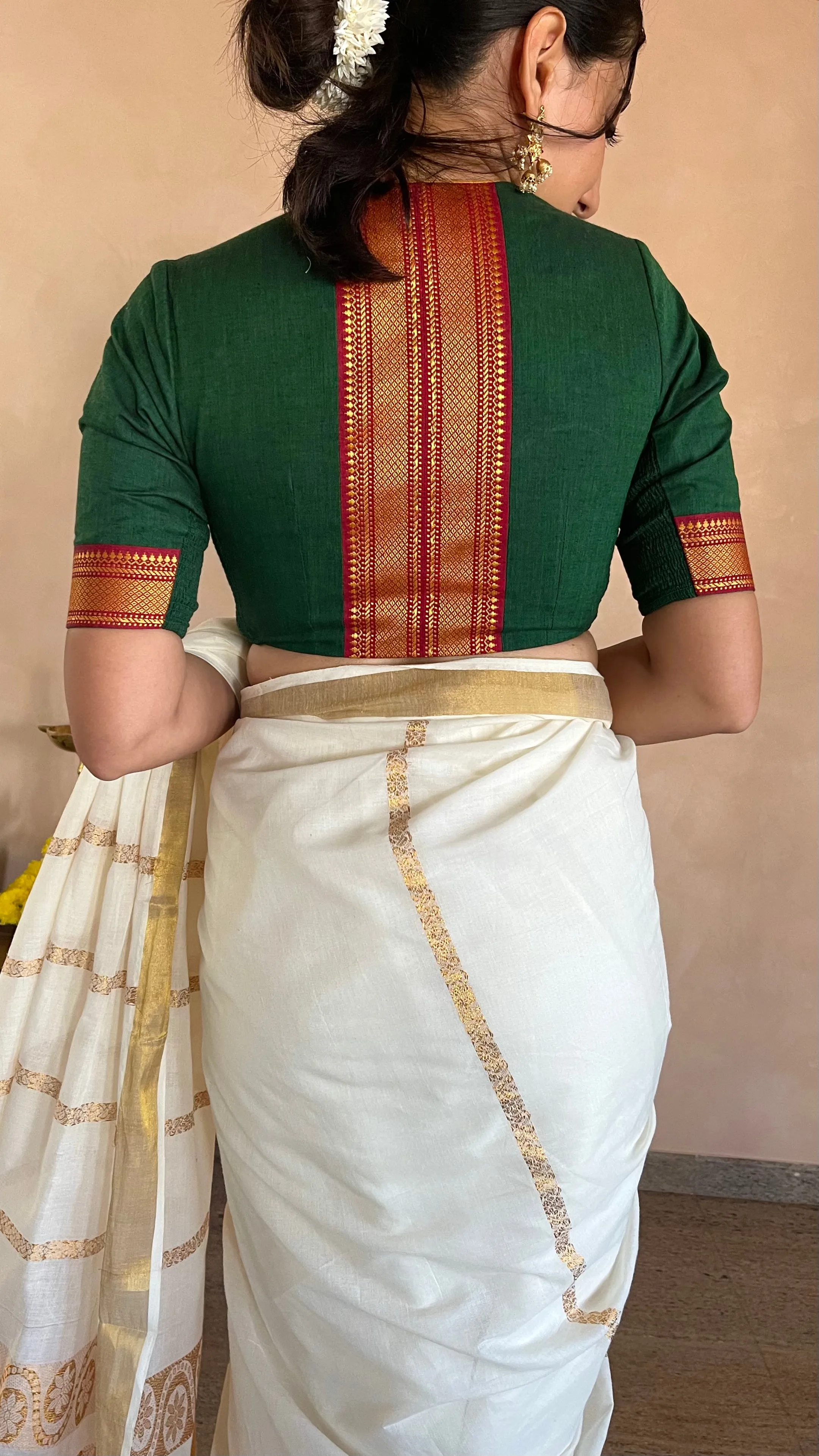 Nandini x Tyohaar | V Neck Closed Back Bottle Green Mangalgiri Cotton Blouse with Zari Border