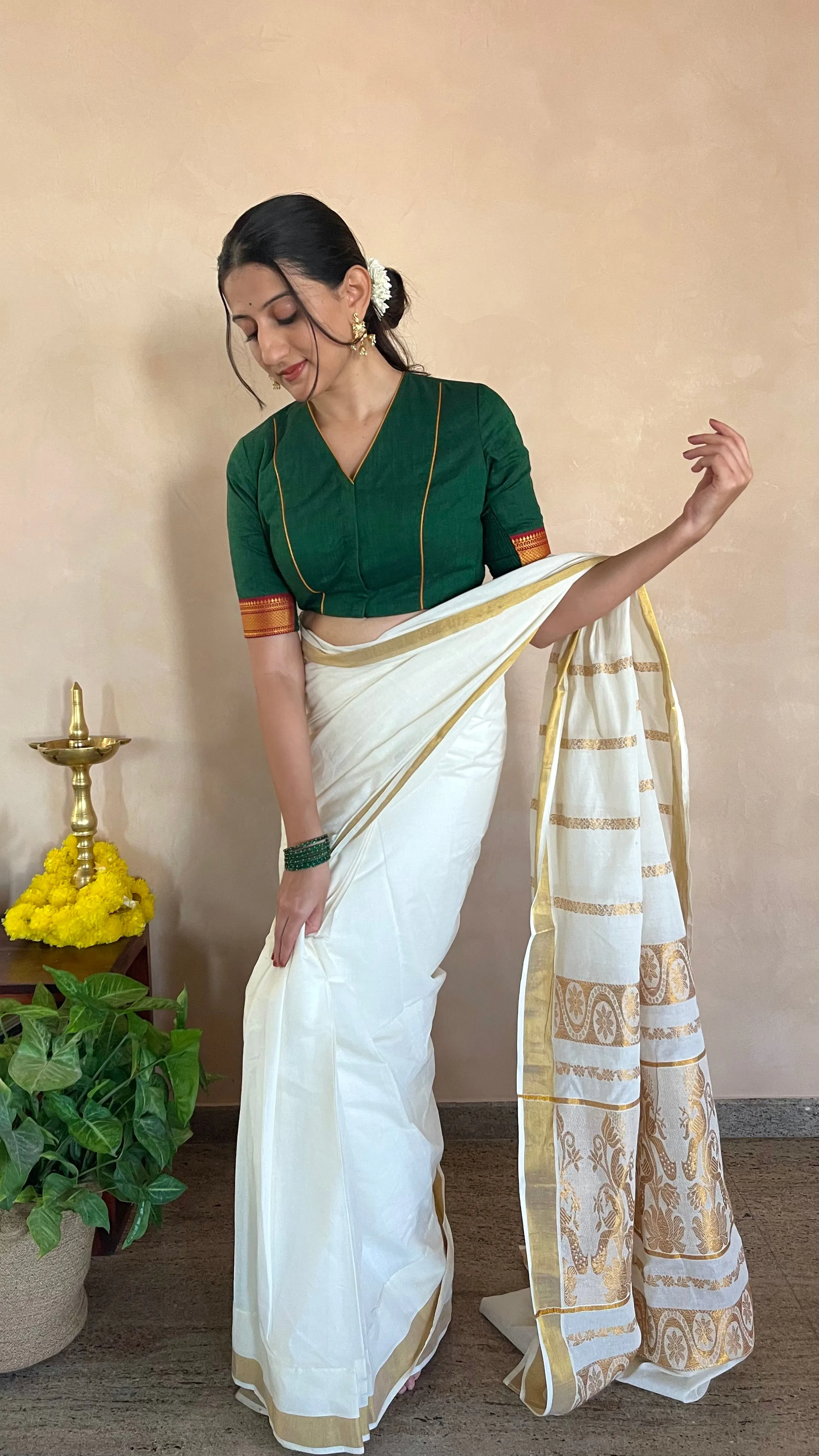 Nandini x Tyohaar | V Neck Closed Back Bottle Green Mangalgiri Cotton Blouse with Zari Border