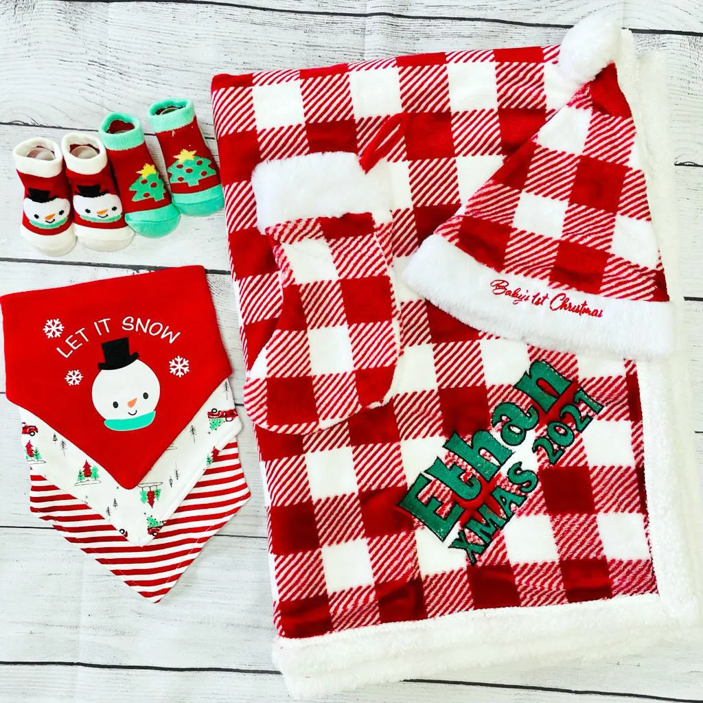 Personalized Embroidered Plush Baby Blanket 8-Piece Holiday  Gift Set