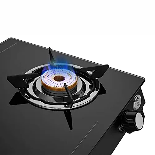 Preethi Bluflame Sparkle Power Duo 3 Burner Glass top Gas Stove with Power Burner and Swirl flame technology, saves gas and cooks faster, Manual Ignition, Black