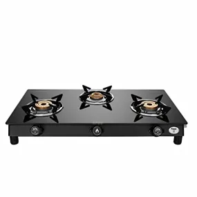 Preethi Bluflame Sparkle Power Duo 3 Burner Glass top Gas Stove with Power Burner and Swirl flame technology, saves gas and cooks faster, Manual Ignition, Black