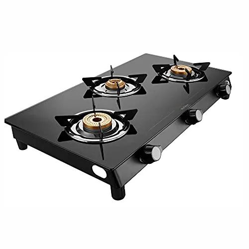 Preethi Bluflame Sparkle Power Duo 3 Burner Glass top Gas Stove with Power Burner and Swirl flame technology, saves gas and cooks faster, Manual Ignition, Black