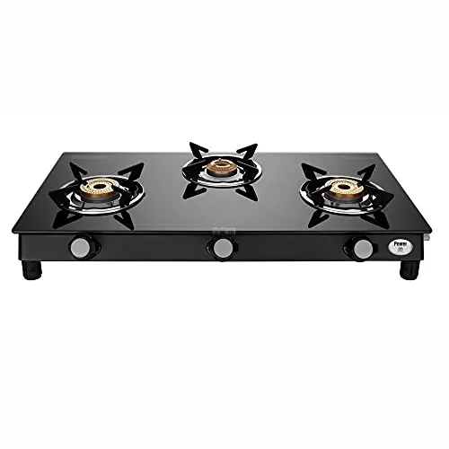 Preethi Bluflame Sparkle Power Duo 3 Burner Glass top Gas Stove with Power Burner and Swirl flame technology, saves gas and cooks faster, Manual Ignition, Black