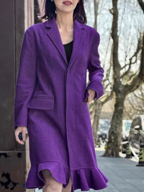 Purple Wide Shoulder Ruffled Hem Wool Blend Easy Coat