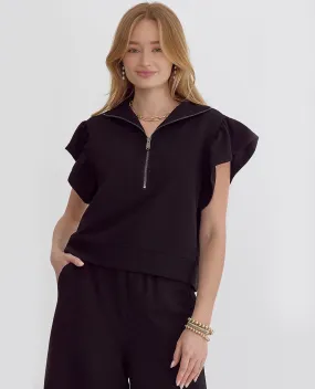 Quarter Zip Ruffle Sleeve Top