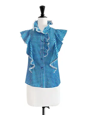 Restock! Blue Gingham Lace Dotty Trim Ruffle Button-Up Top