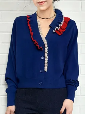 Royal Blue Ruffles Collar Boxy V-Neck Woollen Cashmere Cardigan