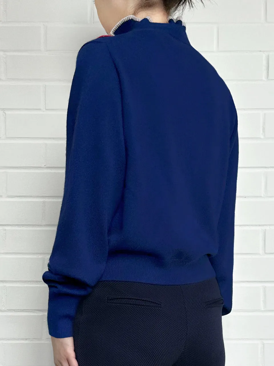 Royal Blue Ruffles Collar Boxy V-Neck Woollen Cashmere Cardigan