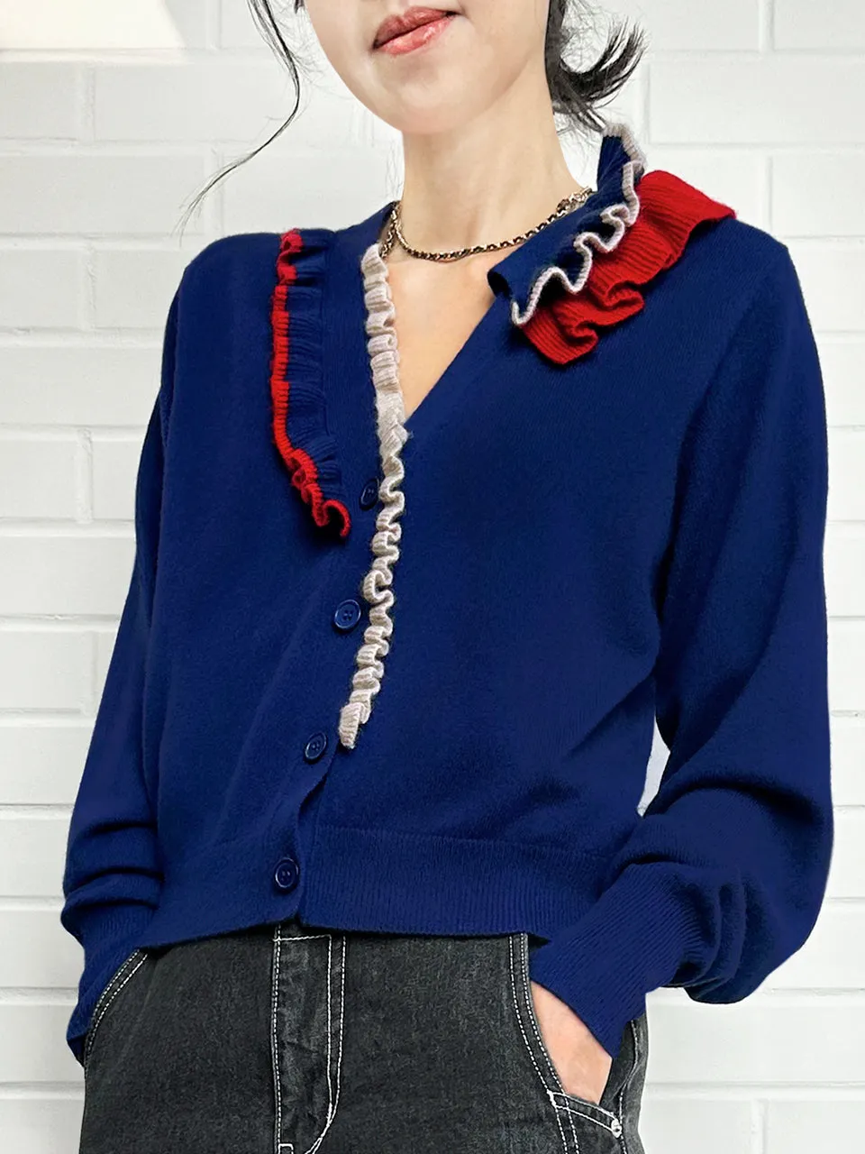 Royal Blue Ruffles Collar Boxy V-Neck Woollen Cashmere Cardigan