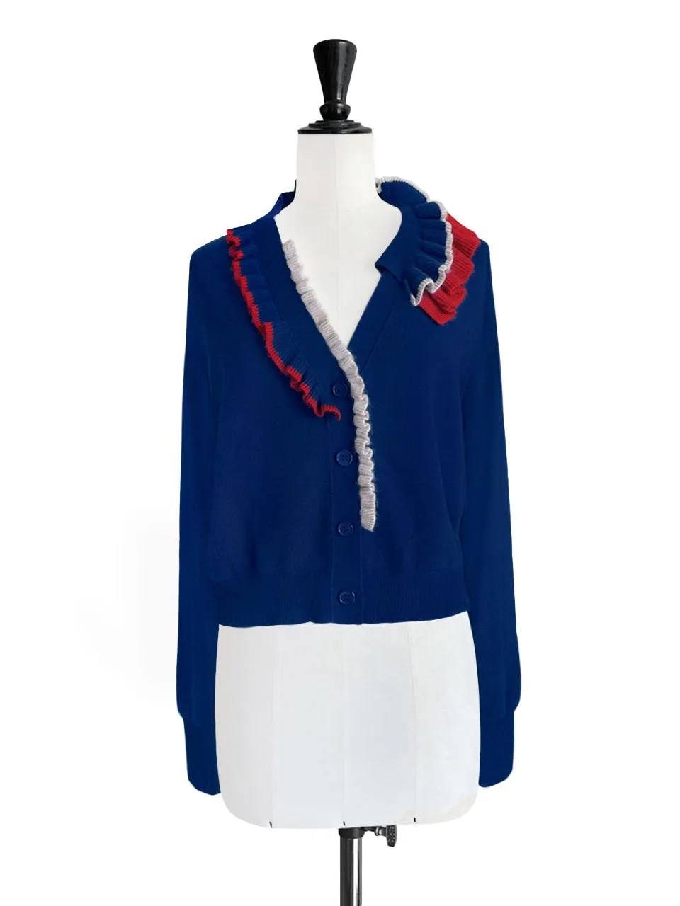 Royal Blue Ruffles Collar Boxy V-Neck Woollen Cashmere Cardigan