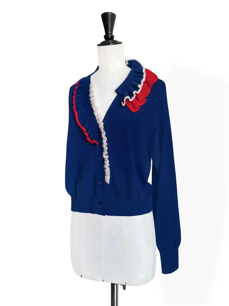 Royal Blue Ruffles Collar Boxy V-Neck Woollen Cashmere Cardigan