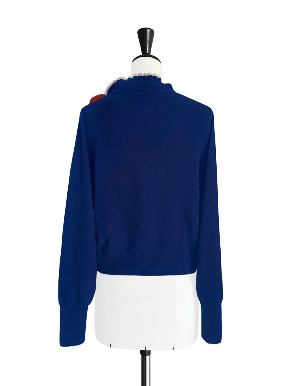 Royal Blue Ruffles Collar Boxy V-Neck Woollen Cashmere Cardigan