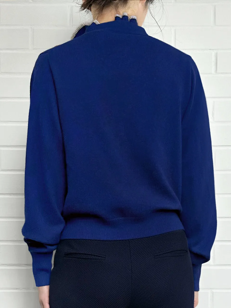 Royal Blue Ruffles Collar Boxy V-Neck Woollen Cashmere Cardigan