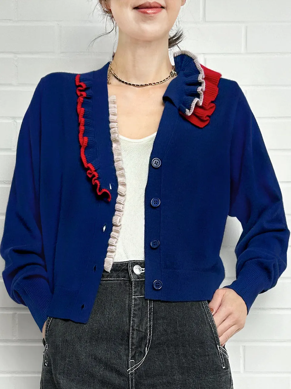 Royal Blue Ruffles Collar Boxy V-Neck Woollen Cashmere Cardigan