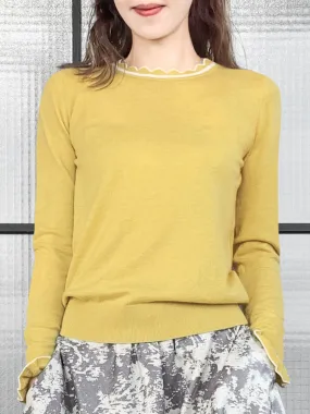 Surprise Sale! Dull Yellow Scallop Collar Contrast Trim Cashmere Wool Blend Sweater