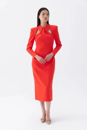 Tie Neck Midi Dress with Shoulder Pad