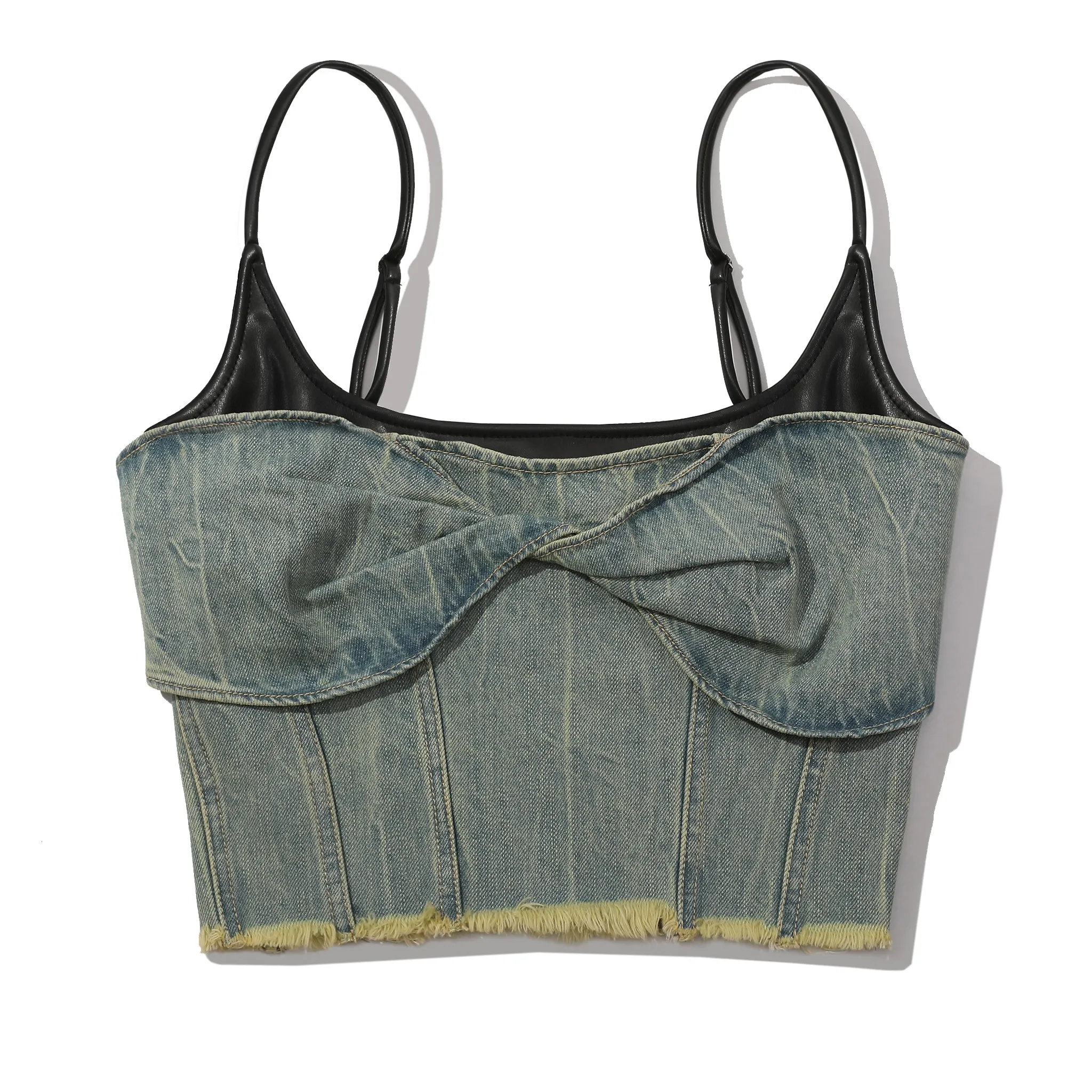 Twist Front Denim & Vegan Leather Top - Blue