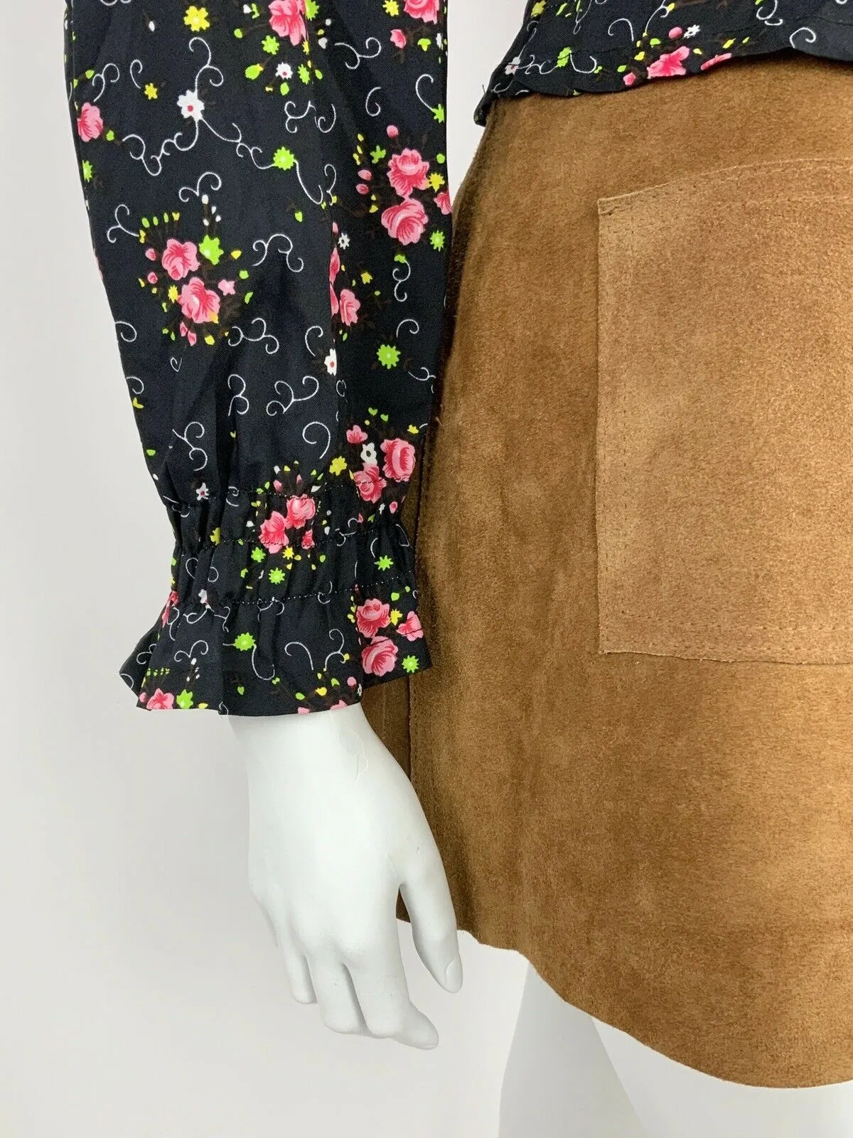 VINTAGE 60s 70s BLACK PINK GREEN FLORAL DITSY WING COLLAR RUCHED BLOUSE TOP 8 10